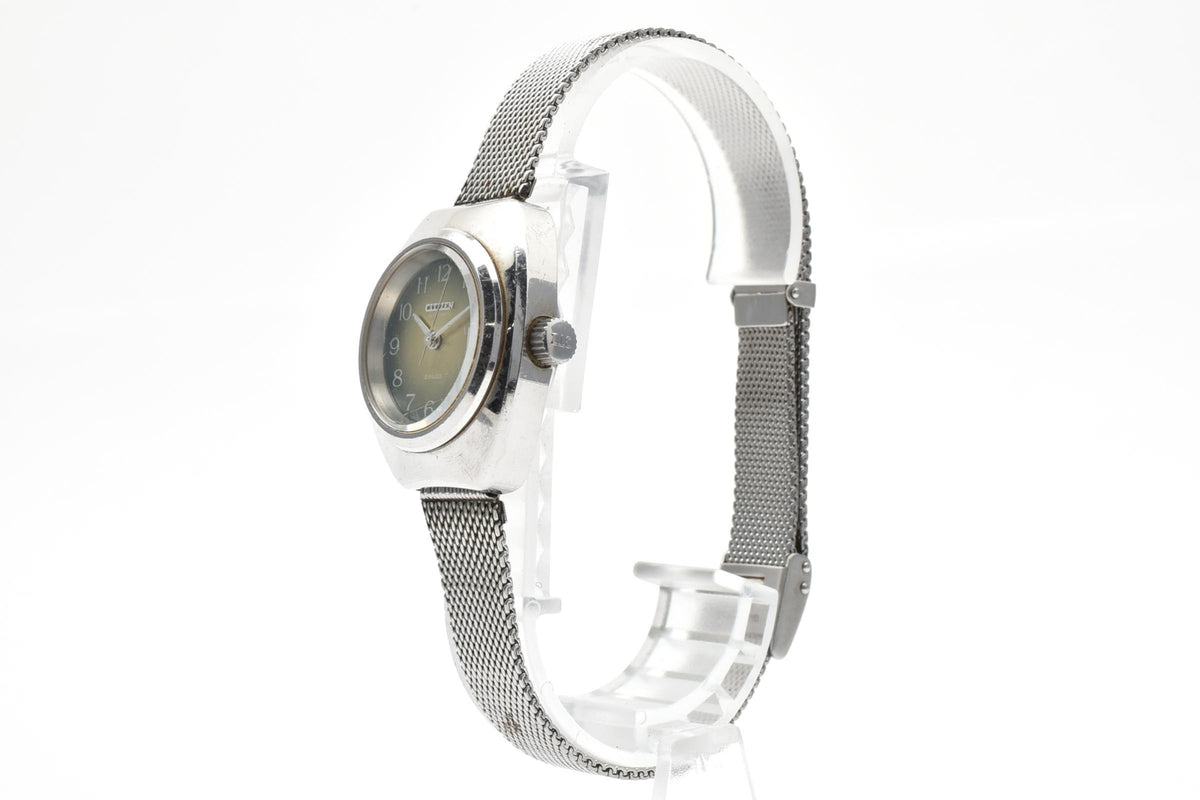 CITIZEN シチズン 4-590907 メンズ 自動巻き 腕時計 グリーン文字盤 アラビア数字 デイト ステンレス メッシュブレスレット 25.5mm 1970年代 ヴィンテージ