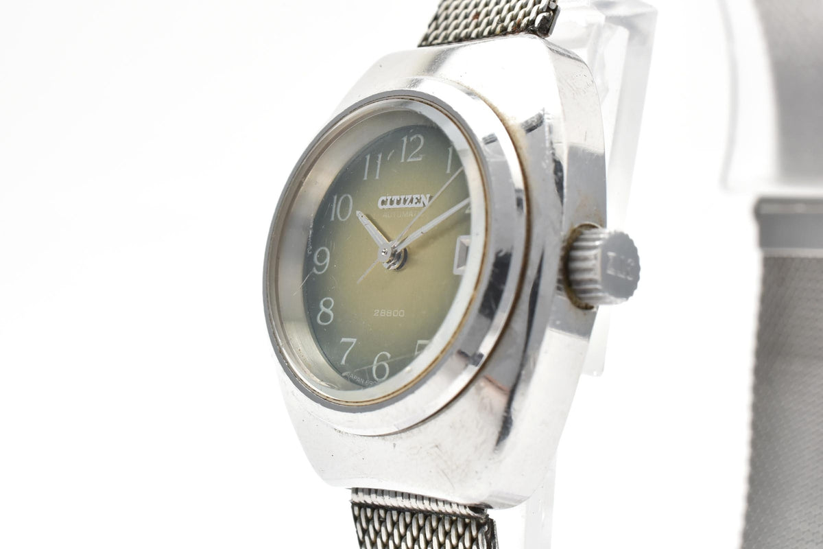 CITIZEN シチズン 4-590907 メンズ 自動巻き 腕時計 グリーン文字盤 アラビア数字 デイト ステンレス メッシュブレスレット 25.5mm 1970年代 ヴィンテージ