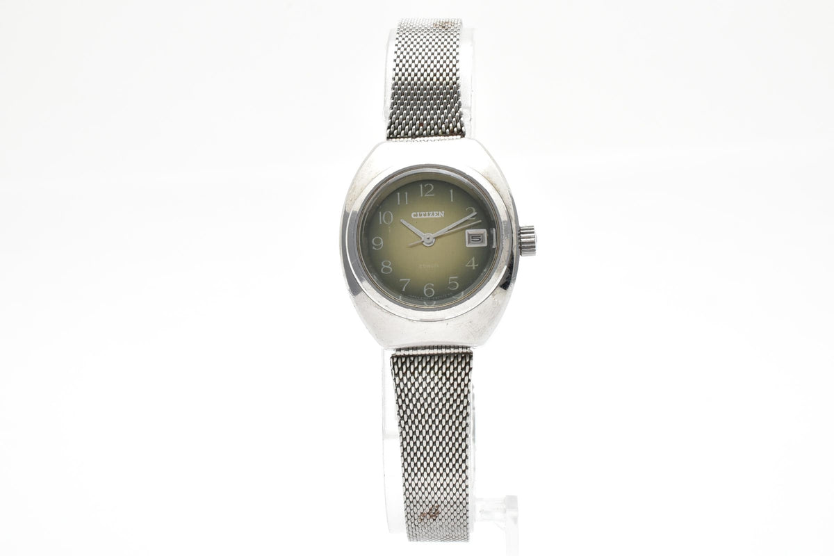 CITIZEN シチズン 4-590907 メンズ 自動巻き 腕時計 グリーン文字盤 アラビア数字 デイト ステンレス メッシュブレスレット 25.5mm 1970年代 ヴィンテージ