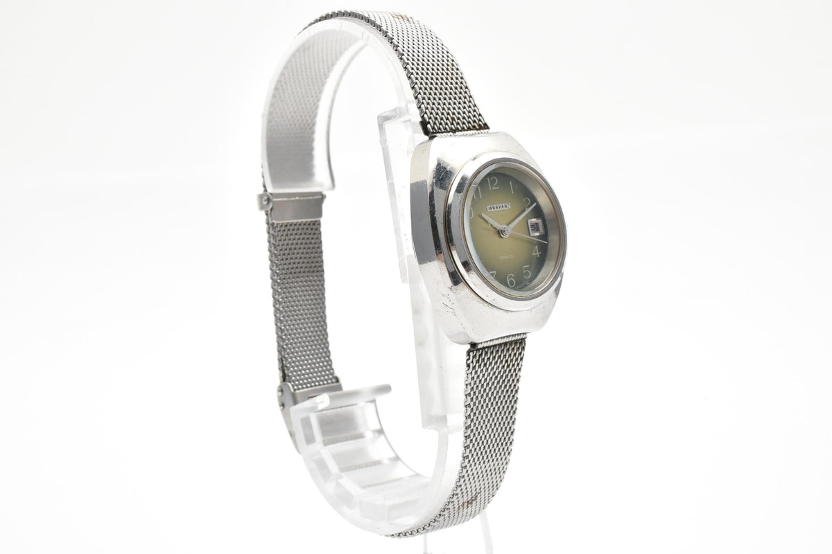 CITIZEN シチズン 4-590907 メンズ 自動巻き 腕時計 グリーン文字盤 アラビア数字 デイト ステンレス メッシュブレスレット 25.5mm 1970年代 ヴィンテージ