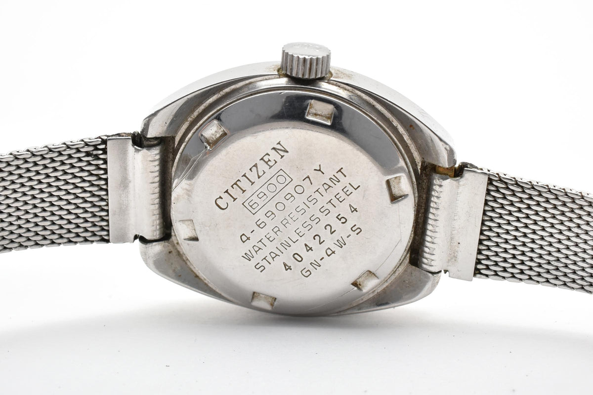 CITIZEN シチズン 4-590907 メンズ 自動巻き 腕時計 グリーン文字盤 アラビア数字 デイト ステンレス メッシュブレスレット 25.5mm 1970年代 ヴィンテージ
