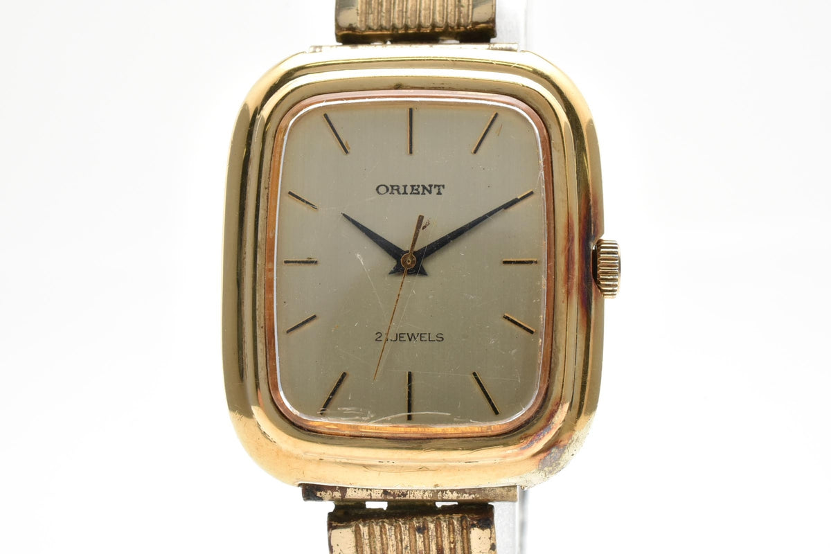 ORIENT オリエント W121-41100 メンズ 手巻き 腕時計 21石 ゴールド文字盤 OGP ステンレス ブレスレット 角型 27mm 1970年代 ヴィンテージ