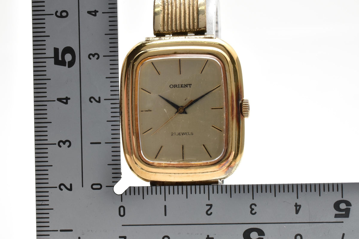 ORIENT オリエント W121-41100 メンズ 手巻き 腕時計 21石 ゴールド文字盤 OGP ステンレス ブレスレット 角型 27mm 1970年代 ヴィンテージ