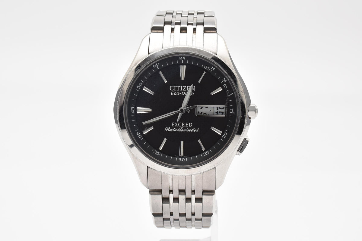 CITIZEN シチズン EXCEED エクシード Y2K 00s H100-T010164 TA メンズ エコドライブ 電波 ソーラー 腕時計 ブラック文字盤 デイデイト チタン 36.6mm 2000年代 箱付き