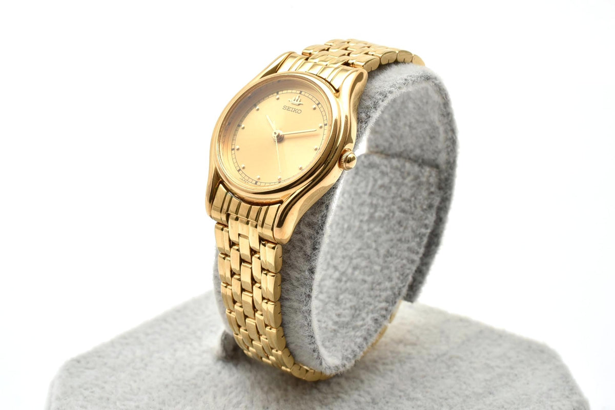 美品 SEIKO セイコー V401-1600 クォーツ ゴールドカラー ラウンド ゴールド文字盤 一体型ブレスレット ヴィンテージ レディース 腕時計 稼働品