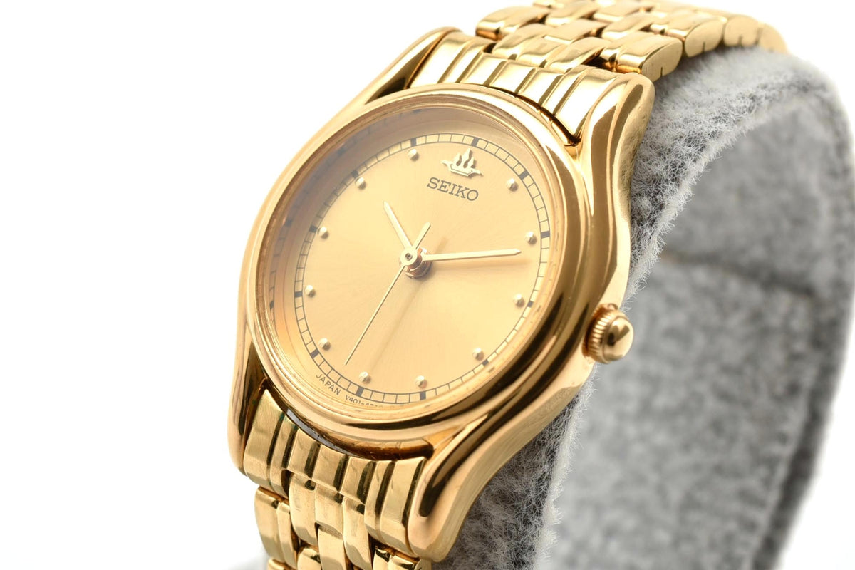美品 SEIKO セイコー V401-1600 クォーツ ゴールドカラー ラウンド ゴールド文字盤 一体型ブレスレット ヴィンテージ レディース 腕時計 稼働品