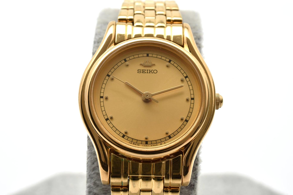 美品 SEIKO セイコー V401-1600 クォーツ ゴールドカラー ラウンド ゴールド文字盤 一体型ブレスレット ヴィンテージ レディース 腕時計 稼働品