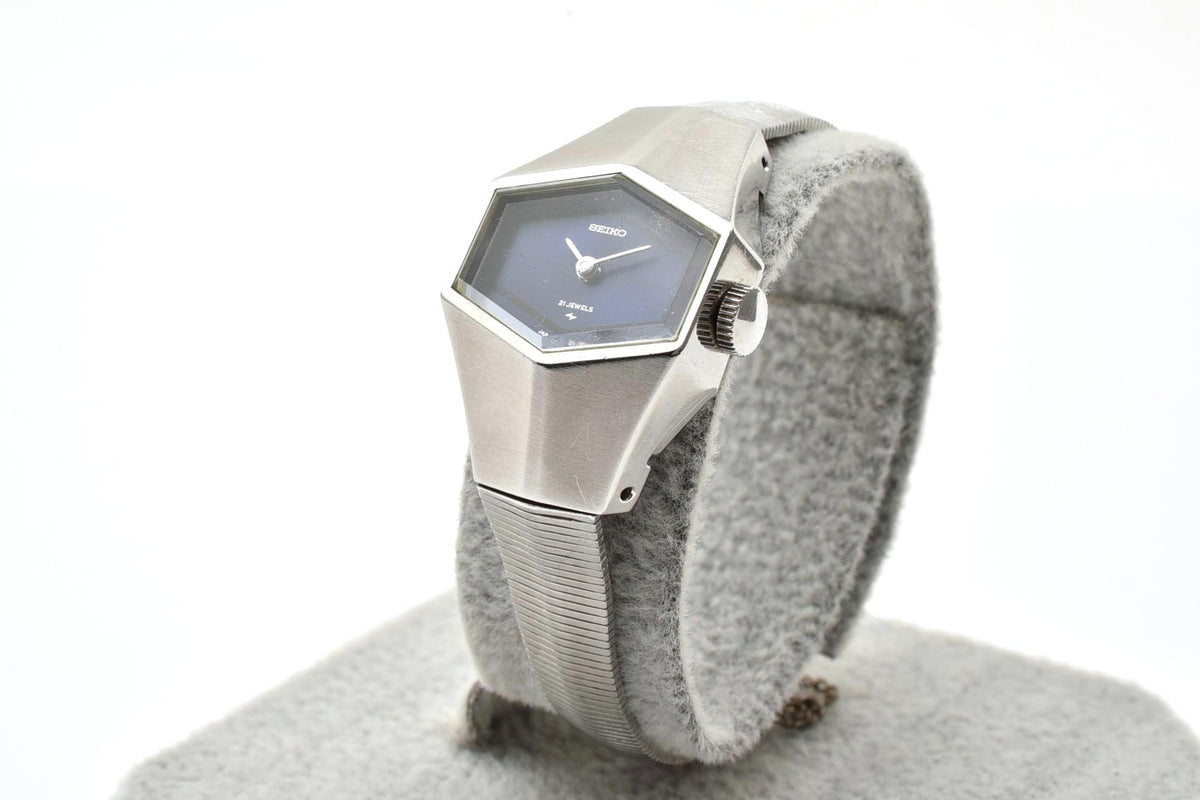 美品 SEIKO セイコー 11-3570 手巻き 21石 ヘキサゴン 六角形 ブルー文字盤 ステンレス メッシュブレス ヴィンテージ 1970年代 レディース 腕時計 稼働品