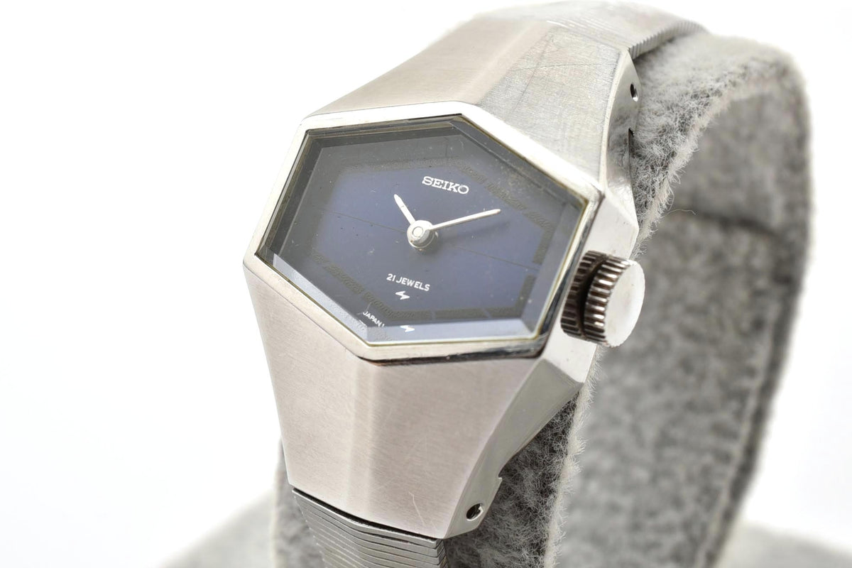 美品 SEIKO セイコー 11-3570 手巻き 21石 ヘキサゴン 六角形 ブルー文字盤 ステンレス メッシュブレス ヴィンテージ 1970年代 レディース 腕時計 稼働品