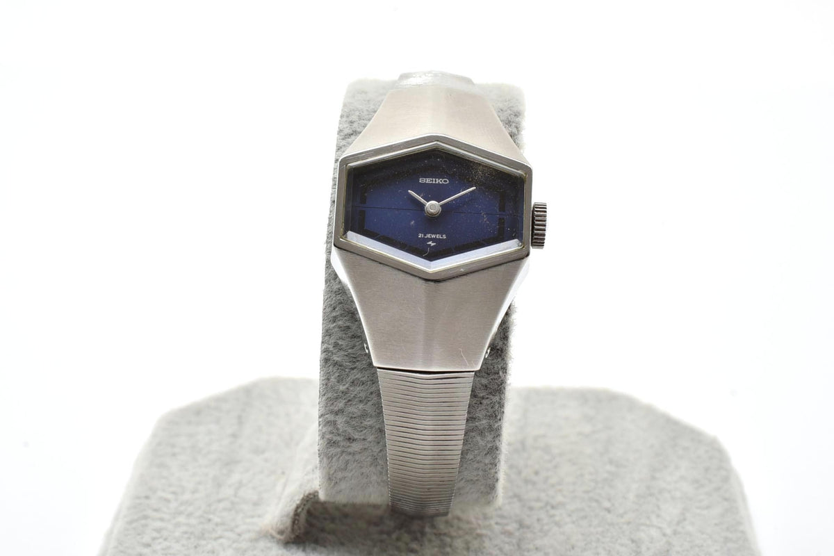 美品 SEIKO セイコー 11-3570 手巻き 21石 ヘキサゴン 六角形 ブルー文字盤 ステンレス メッシュブレス ヴィンテージ 1970年代 レディース 腕時計 稼働品