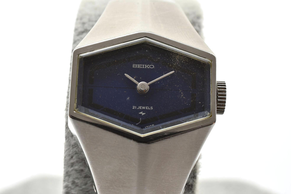 美品 SEIKO セイコー 11-3570 手巻き 21石 ヘキサゴン 六角形 ブルー文字盤 ステンレス メッシュブレス ヴィンテージ 1970年代 レディース 腕時計 稼働品