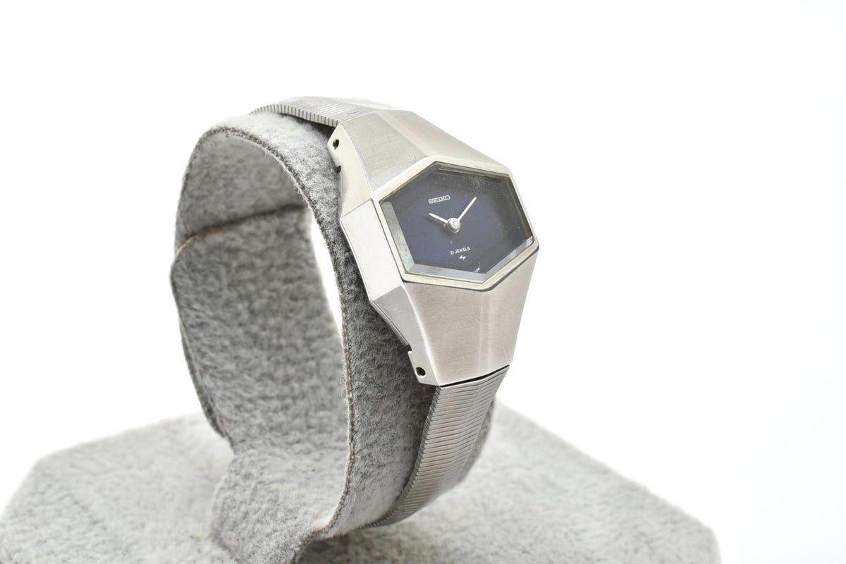 美品 SEIKO セイコー 11-3570 手巻き 21石 ヘキサゴン 六角形 ブルー文字盤 ステンレス メッシュブレス ヴィンテージ 1970年代 レディース 腕時計 稼働品