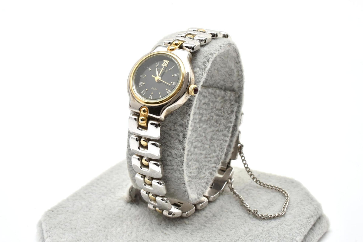 美品 SEIKO ALBA セイコー アルバ アーバン V401-0060 クォーツ コンビ ブラック文字盤 ローマ数字 レディース 腕時計 稼働品