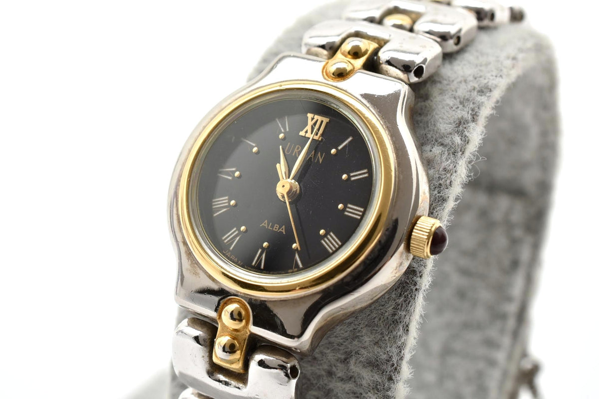 美品 SEIKO ALBA セイコー アルバ アーバン V401-0060 クォーツ コンビ ブラック文字盤 ローマ数字 レディース 腕時計 稼働品