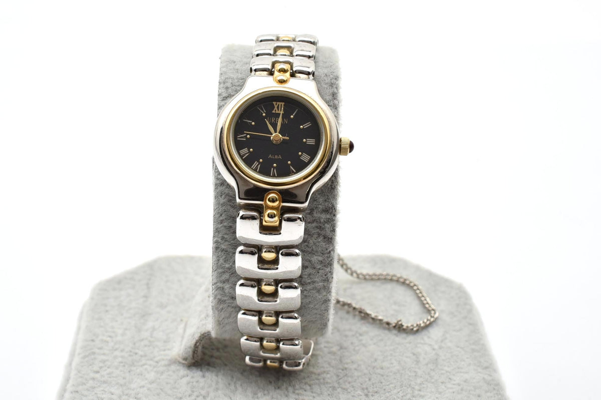 美品 SEIKO ALBA セイコー アルバ アーバン V401-0060 クォーツ コンビ ブラック文字盤 ローマ数字 レディース 腕時計 稼働品