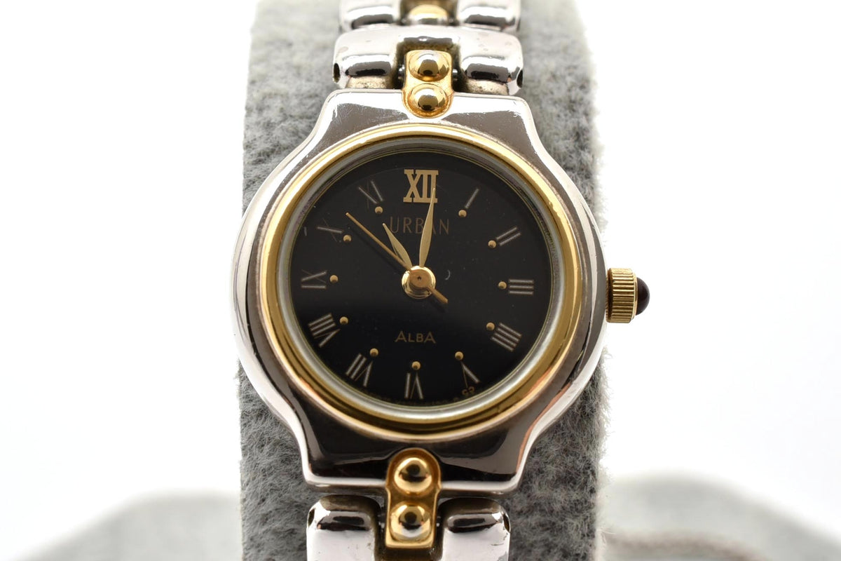 美品 SEIKO ALBA セイコー アルバ アーバン V401-0060 クォーツ コンビ ブラック文字盤 ローマ数字 レディース 腕時計 稼働品