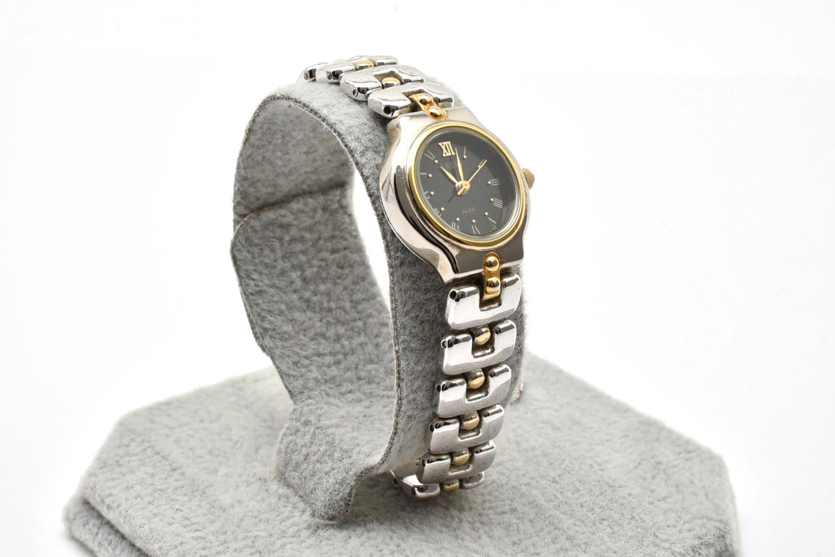 美品 SEIKO ALBA セイコー アルバ アーバン V401-0060 クォーツ コンビ ブラック文字盤 ローマ数字 レディース 腕時計 稼働品