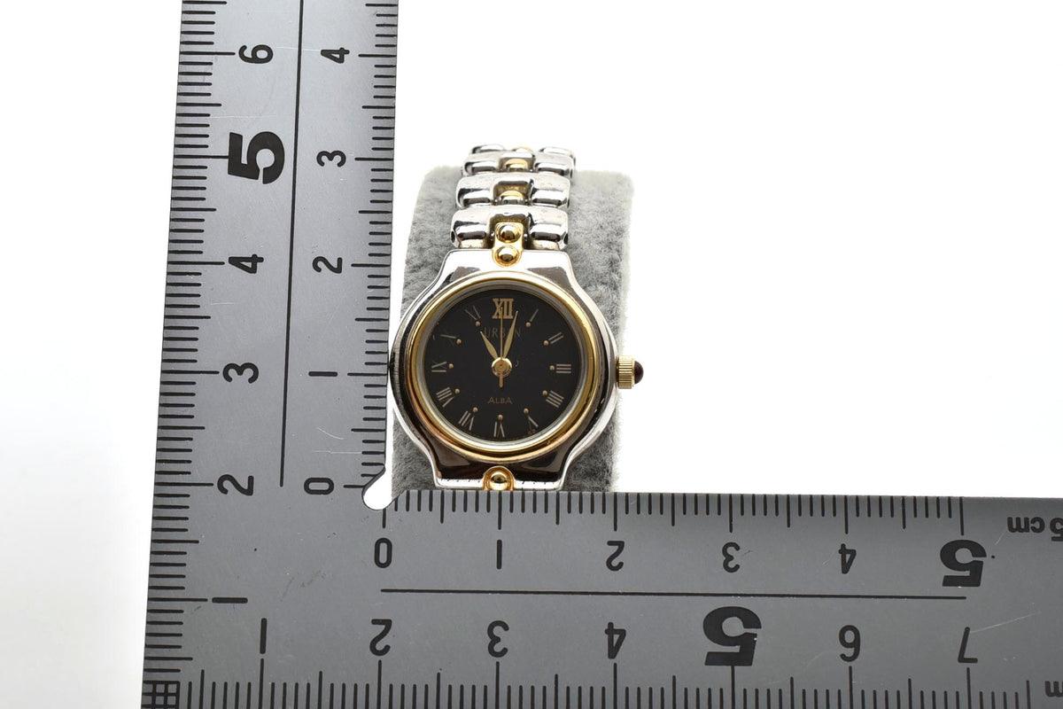 美品 SEIKO ALBA セイコー アルバ アーバン V401-0060 クォーツ コンビ ブラック文字盤 ローマ数字 レディース 腕時計 稼働品