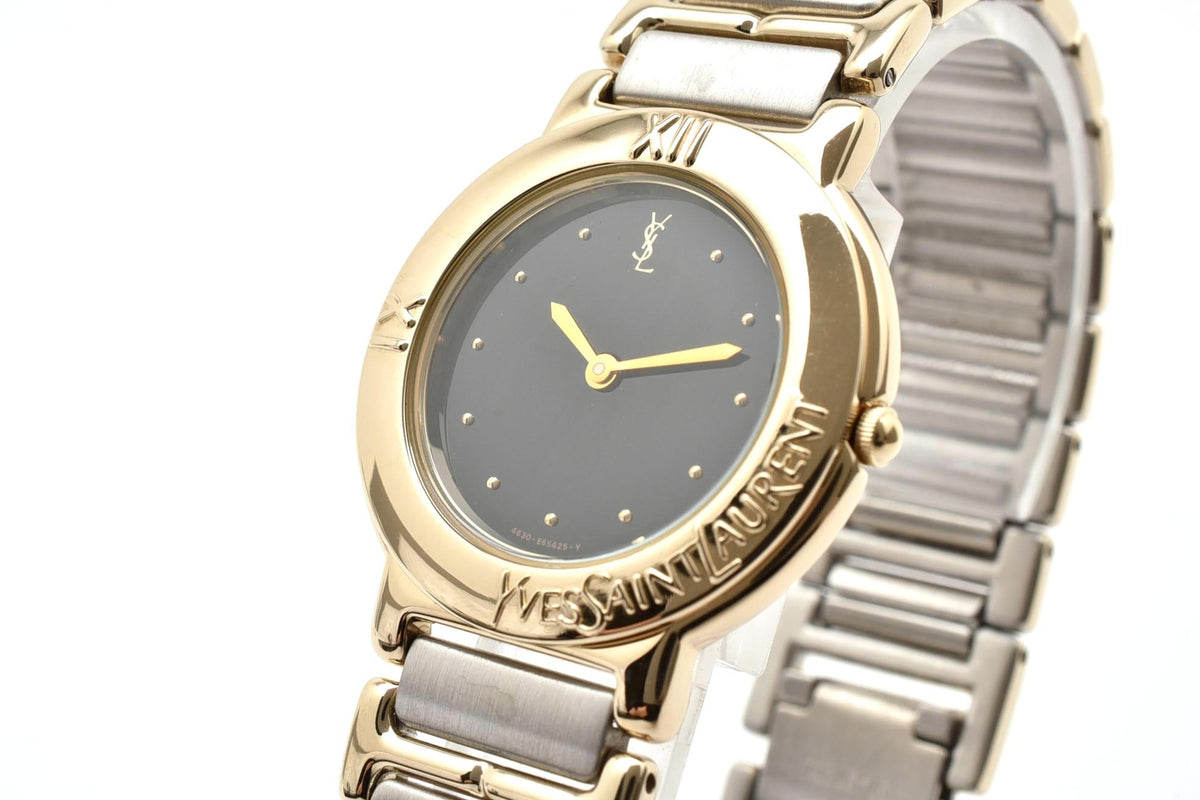 美品 Yves Saint Laurent イヴサンローラン YSL 4620-E60957Y クォーツ ブラック文字盤 ゴールド コンビ ツートン ロゴ 箱付き メンズ レディース 腕時計 稼働品