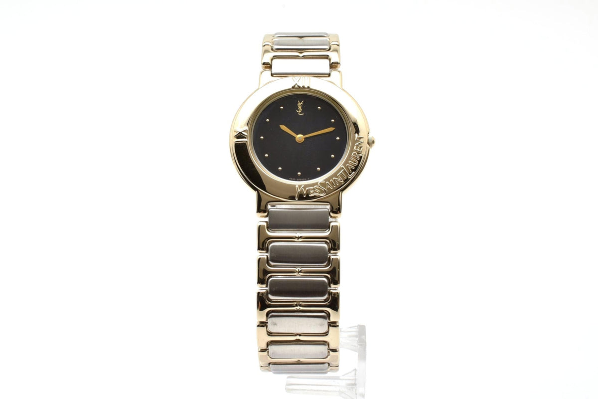 美品 Yves Saint Laurent イヴサンローラン YSL 4620-E60957Y クォーツ ブラック文字盤 ゴールド コンビ ツートン ロゴ 箱付き メンズ レディース 腕時計 稼働品