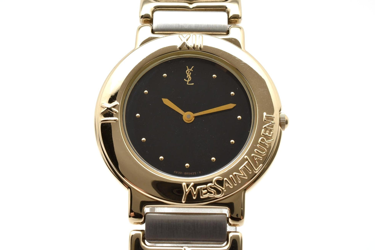 美品 Yves Saint Laurent イヴサンローラン YSL 4620-E60957Y クォーツ ブラック文字盤 ゴールド コンビ ツートン ロゴ 箱付き メンズ レディース 腕時計 稼働品