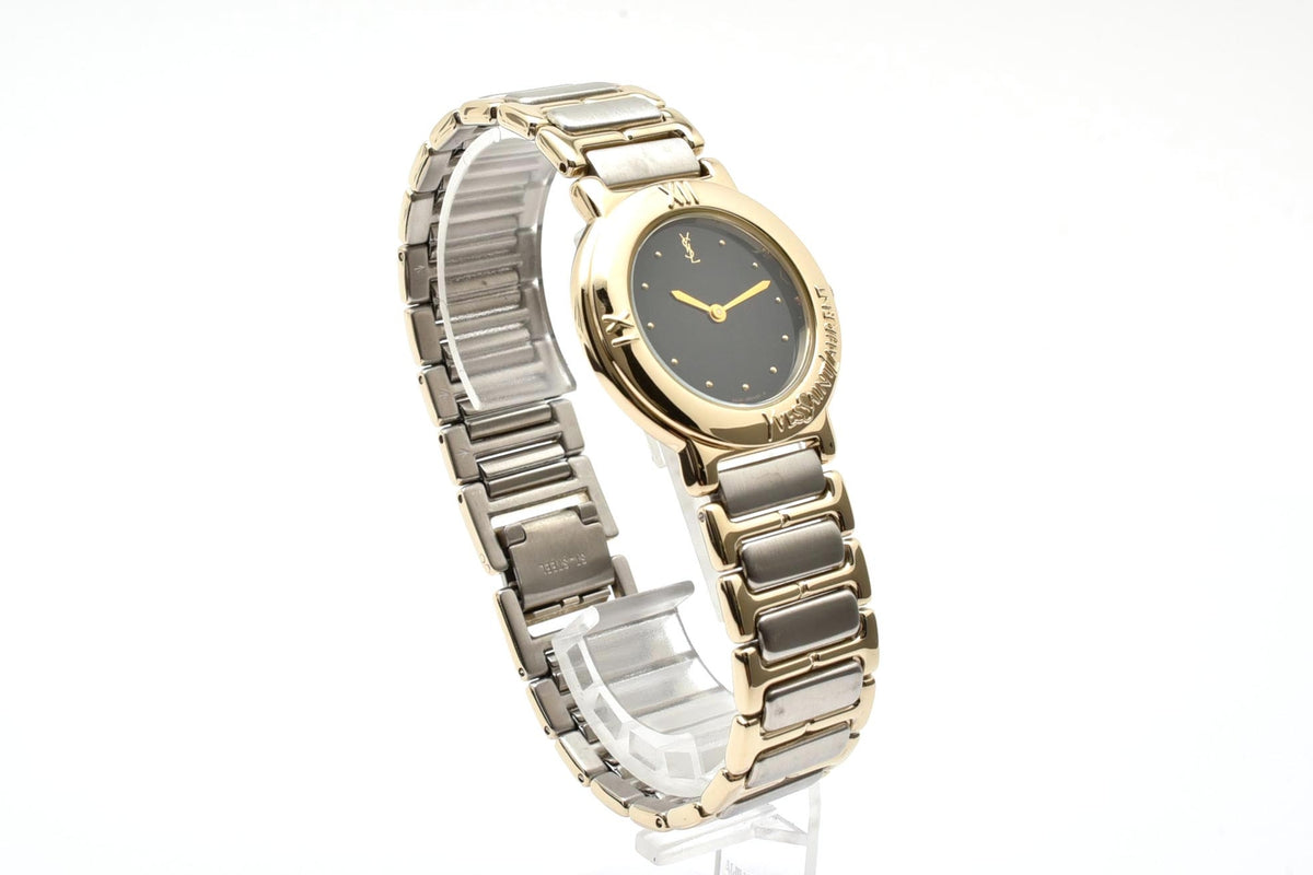 美品 Yves Saint Laurent イヴサンローラン YSL 4620-E60957Y クォーツ ブラック文字盤 ゴールド コンビ ツートン ロゴ 箱付き メンズ レディース 腕時計 稼働品