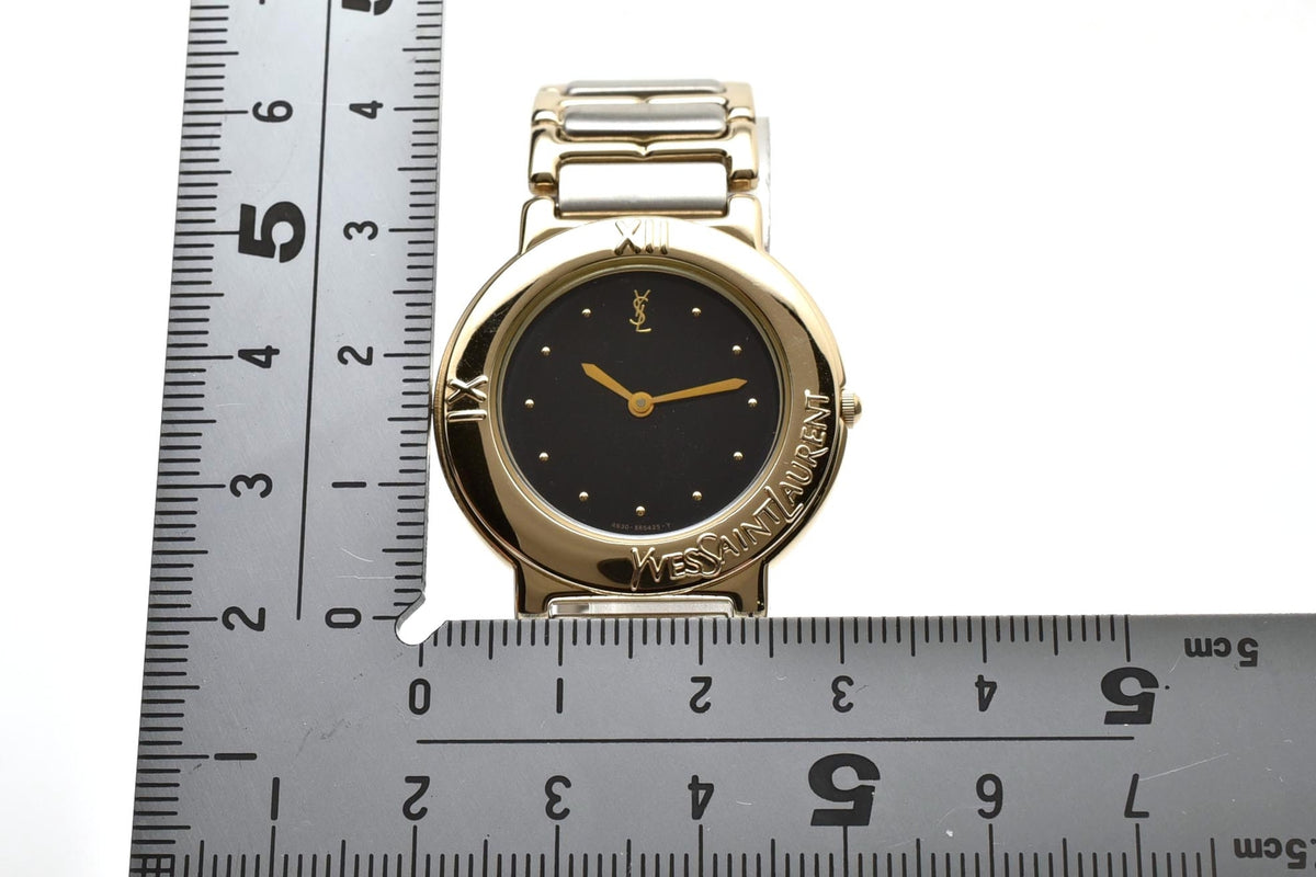 美品 Yves Saint Laurent イヴサンローラン YSL 4620-E60957Y クォーツ ブラック文字盤 ゴールド コンビ ツートン ロゴ 箱付き メンズ レディース 腕時計 稼働品