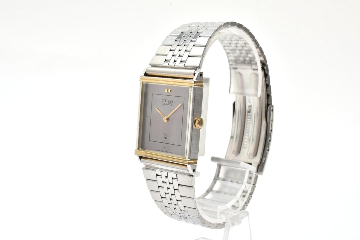 美品 CITIZEN シチズン CQ 1220-214412 クォーツ 極薄 レクタンギュラー 角型 ツートン コンビ シルバー文字盤 ヴィンテージ 1980年代 メンズ 腕時計 稼働品