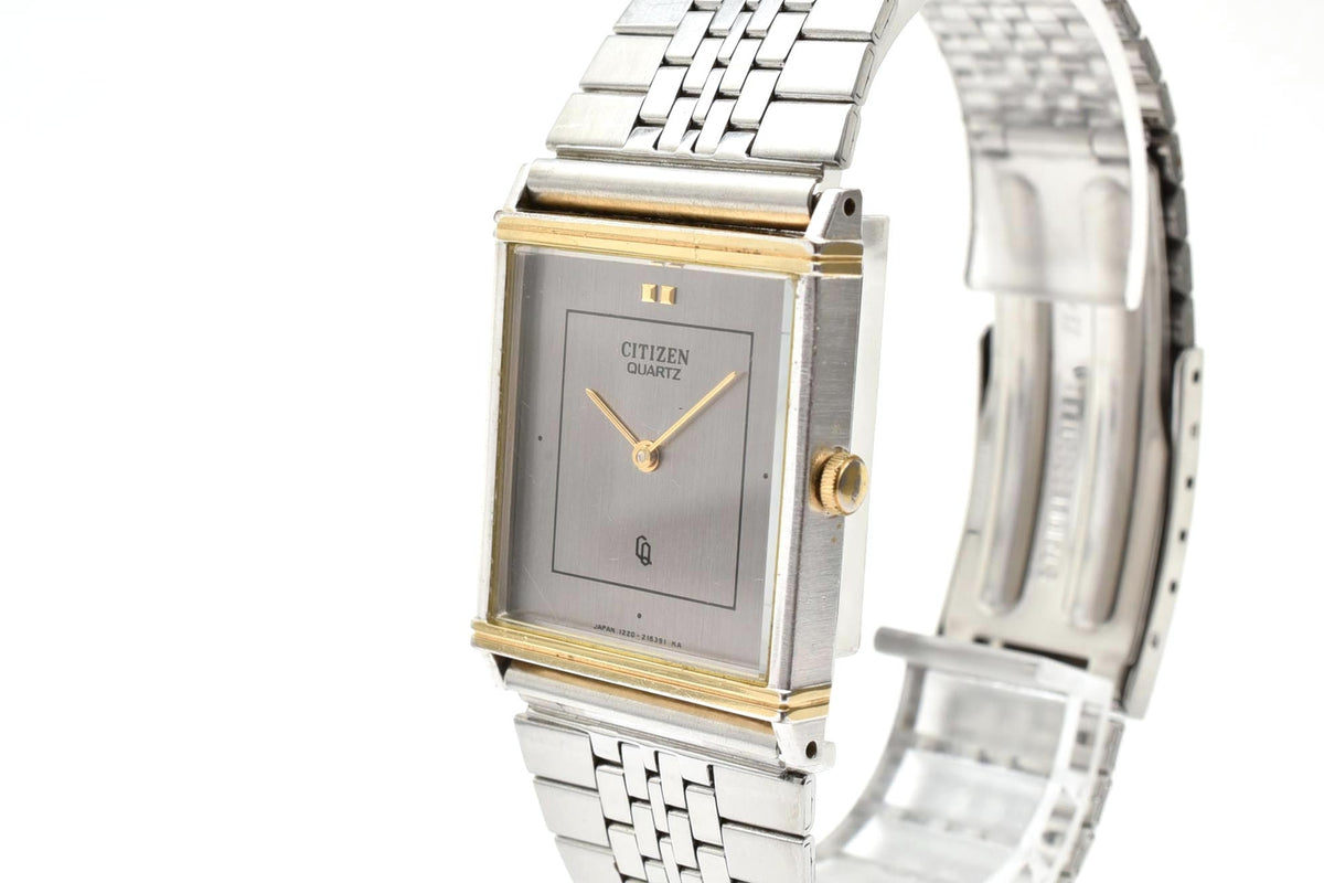 美品 CITIZEN シチズン CQ 1220-214412 クォーツ 極薄 レクタンギュラー 角型 ツートン コンビ シルバー文字盤 ヴィンテージ 1980年代 メンズ 腕時計 稼働品