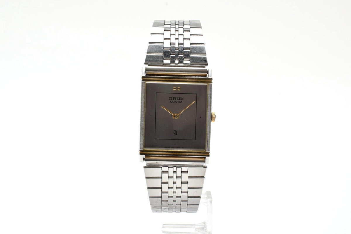美品 CITIZEN シチズン CQ 1220-214412 クォーツ 極薄 レクタンギュラー 角型 ツートン コンビ シルバー文字盤 ヴィンテージ 1980年代 メンズ 腕時計 稼働品