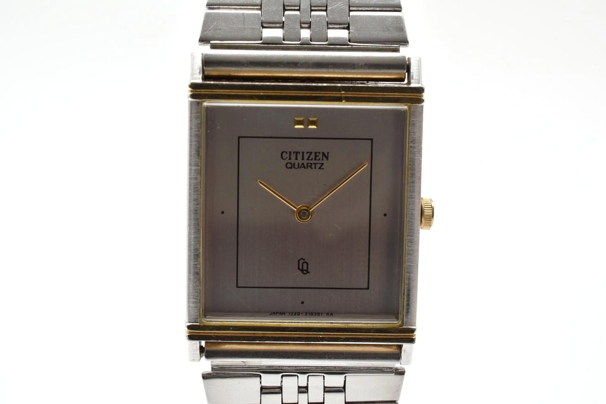 美品 CITIZEN シチズン CQ 1220-214412 クォーツ 極薄 レクタンギュラー 角型 ツートン コンビ シルバー文字盤 ヴィンテージ 1980年代 メンズ 腕時計 稼働品