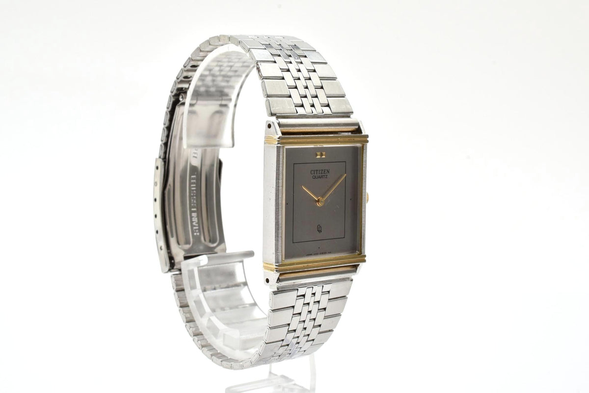 美品 CITIZEN シチズン CQ 1220-214412 クォーツ 極薄 レクタンギュラー 角型 ツートン コンビ シルバー文字盤 ヴィンテージ 1980年代 メンズ 腕時計 稼働品