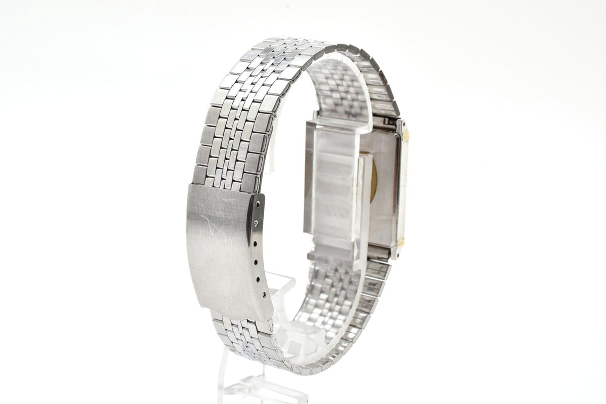 美品 CITIZEN シチズン CQ 1220-214412 クォーツ 極薄 レクタンギュラー 角型 ツートン コンビ シルバー文字盤 ヴィンテージ 1980年代 メンズ 腕時計 稼働品
