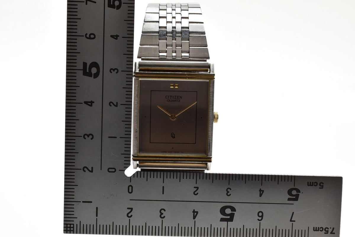 美品 CITIZEN シチズン CQ 1220-214412 クォーツ 極薄 レクタンギュラー 角型 ツートン コンビ シルバー文字盤 ヴィンテージ 1980年代 メンズ 腕時計 稼働品