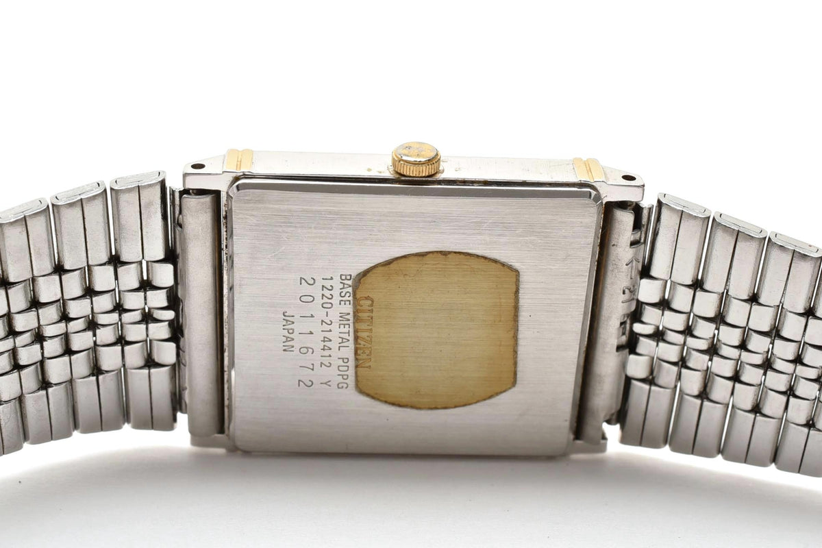 美品 CITIZEN シチズン CQ 1220-214412 クォーツ 極薄 レクタンギュラー 角型 ツートン コンビ シルバー文字盤 ヴィンテージ 1980年代 メンズ 腕時計 稼働品