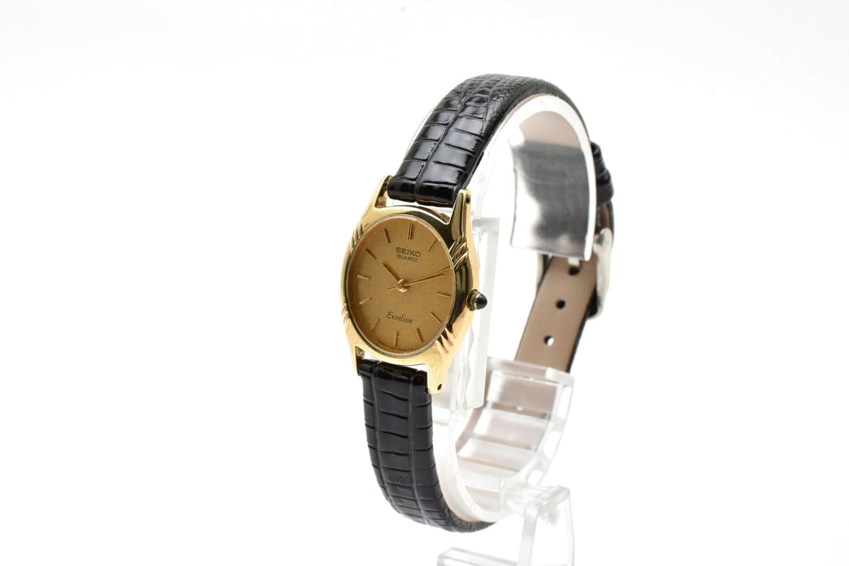 美品 SEIKO セイコー エクセリーヌ 7321-5010 クォーツ ゴールドカラー オーバル ゴールド文字盤 レザーベルト ヴィンテージ 1980年代 レディース 腕時計 稼働品