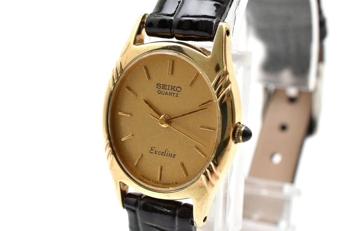 美品 SEIKO セイコー エクセリーヌ 7321-5010 クォーツ ゴールドカラー オーバル ゴールド文字盤 レザーベルト ヴィンテージ 1980年代 レディース 腕時計 稼働品