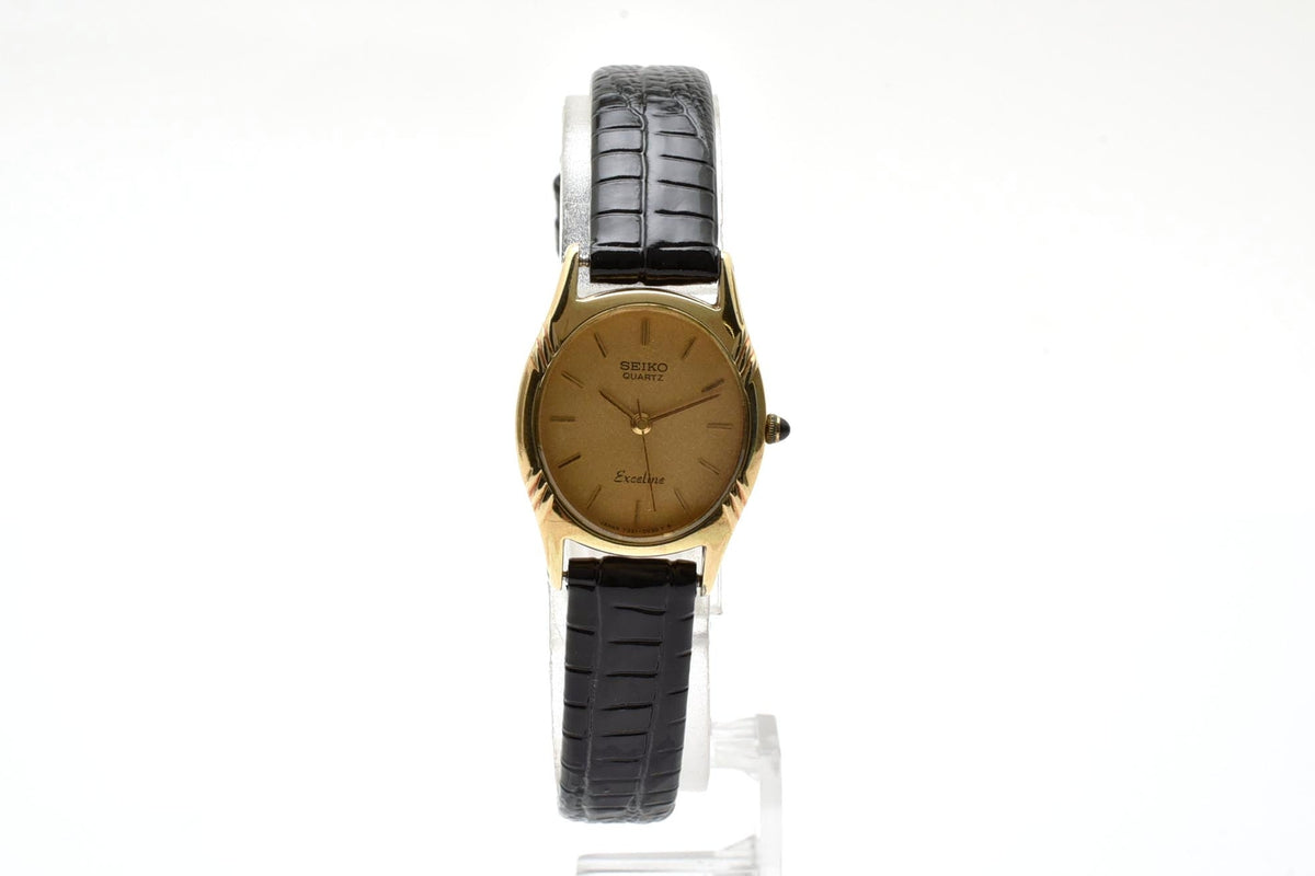 美品 SEIKO セイコー エクセリーヌ 7321-5010 クォーツ ゴールドカラー オーバル ゴールド文字盤 レザーベルト ヴィンテージ 1980年代 レディース 腕時計 稼働品