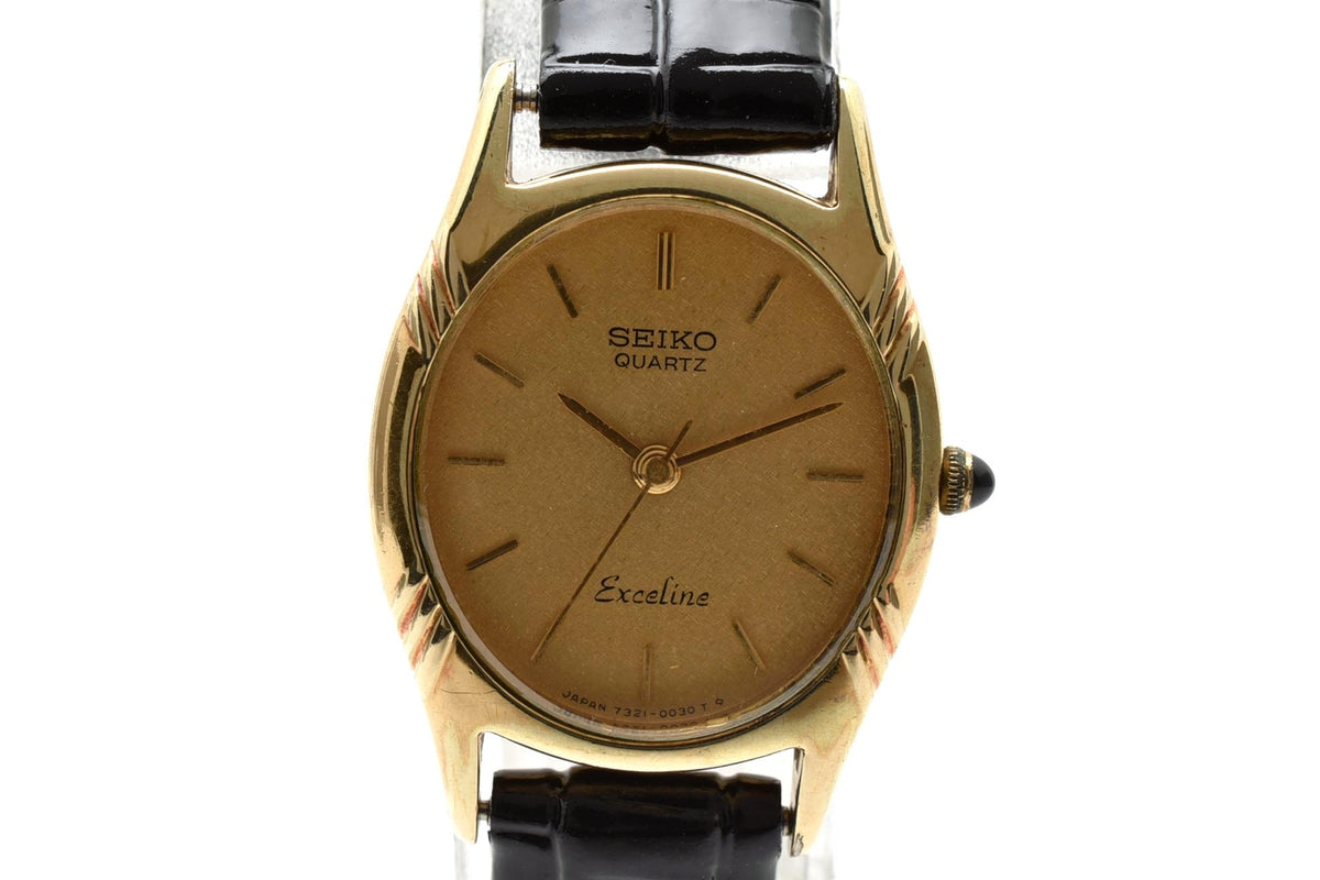 美品 SEIKO セイコー エクセリーヌ 7321-5010 クォーツ ゴールドカラー オーバル ゴールド文字盤 レザーベルト ヴィンテージ 1980年代 レディース 腕時計 稼働品