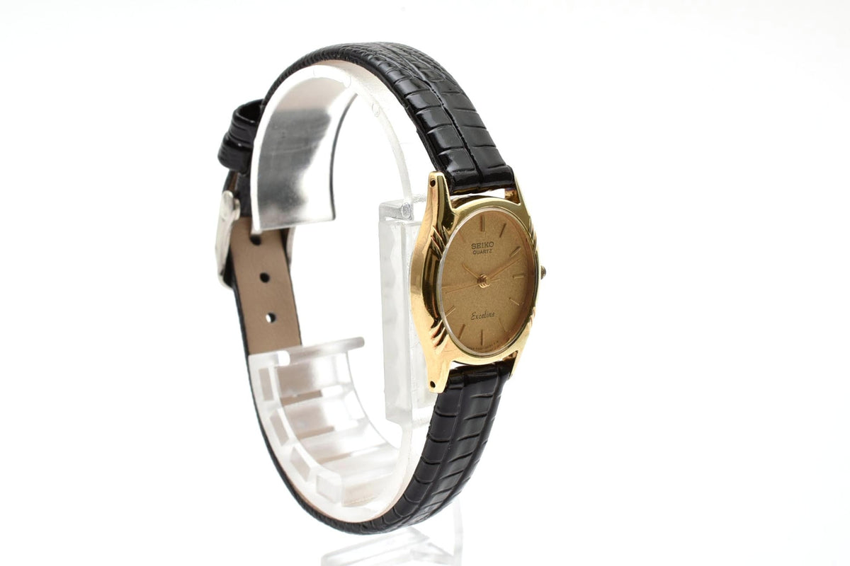 美品 SEIKO セイコー エクセリーヌ 7321-5010 クォーツ ゴールドカラー オーバル ゴールド文字盤 レザーベルト ヴィンテージ 1980年代 レディース 腕時計 稼働品