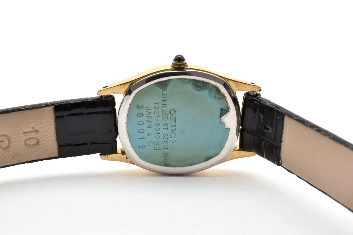 美品 SEIKO セイコー エクセリーヌ 7321-5010 クォーツ ゴールドカラー オーバル ゴールド文字盤 レザーベルト ヴィンテージ 1980年代 レディース 腕時計 稼働品