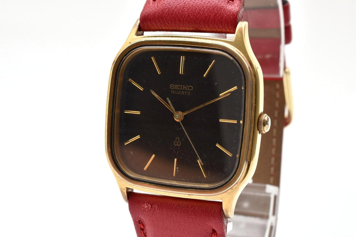 美品 SEIKO セイコー 6431-5050 クォーツ ゴールドカラー クッション ブラウン文字盤 レザーベルト ヴィンテージ 1980年代 メンズ 腕時計 稼働品