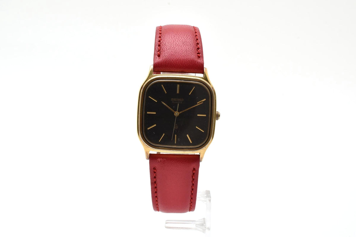 美品 SEIKO セイコー 6431-5050 クォーツ ゴールドカラー クッション ブラウン文字盤 レザーベルト ヴィンテージ 1980年代 メンズ 腕時計 稼働品