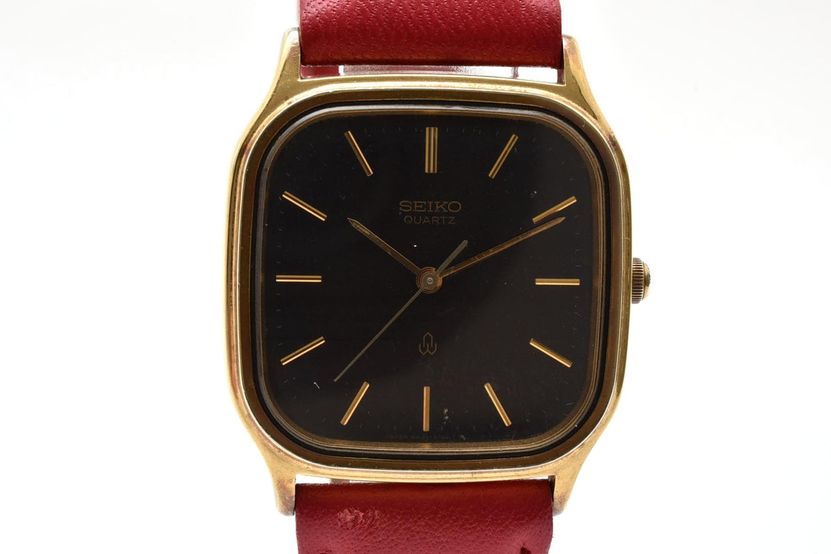 美品 SEIKO セイコー 6431-5050 クォーツ ゴールドカラー クッション ブラウン文字盤 レザーベルト ヴィンテージ 1980年代 メンズ 腕時計 稼働品