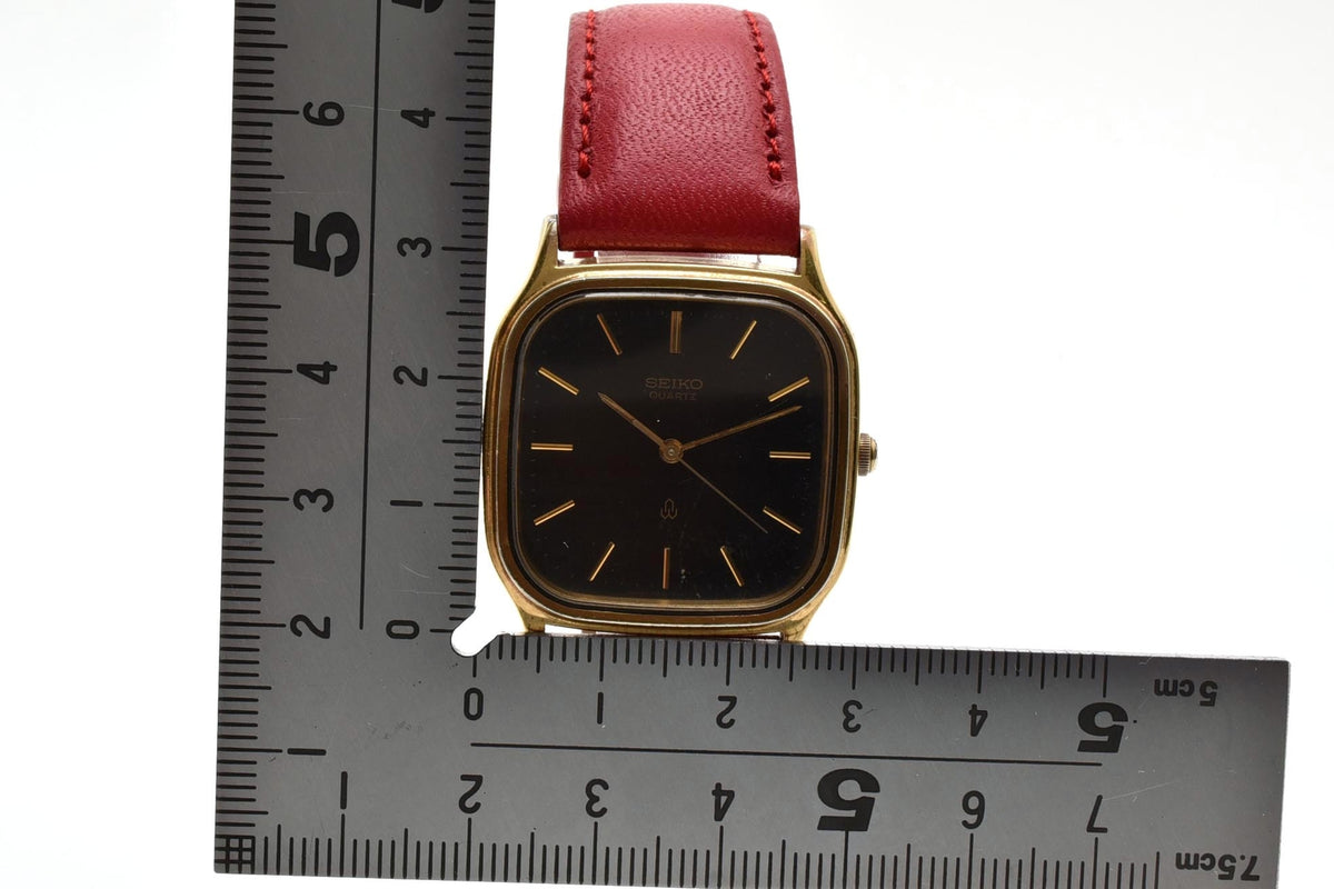 美品 SEIKO セイコー 6431-5050 クォーツ ゴールドカラー クッション ブラウン文字盤 レザーベルト ヴィンテージ 1980年代 メンズ 腕時計 稼働品