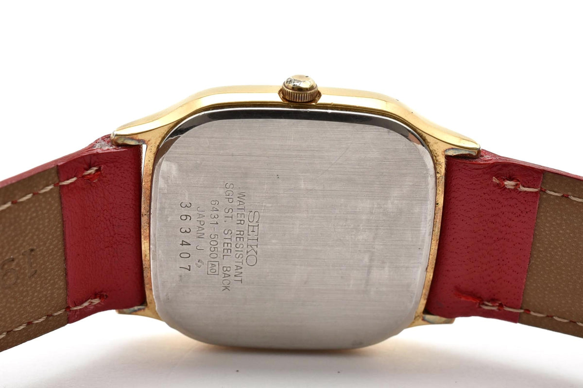 美品 SEIKO セイコー 6431-5050 クォーツ ゴールドカラー クッション ブラウン文字盤 レザーベルト ヴィンテージ 1980年代 メンズ 腕時計 稼働品