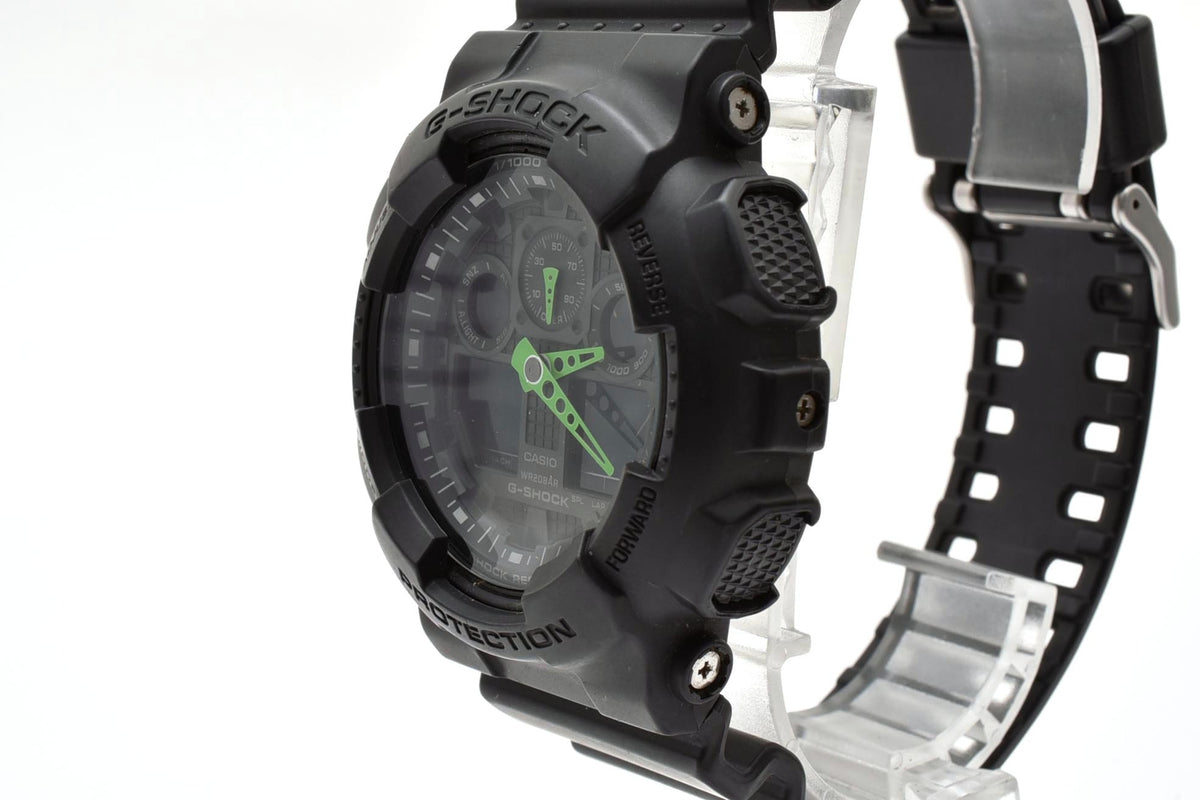 美品 CASIO カシオ G-SHOCK Gショック GA-100C アナデジ ビッグフェイス ブラック 黒 グリーン針 ネオン メンズ 腕時計 稼働品