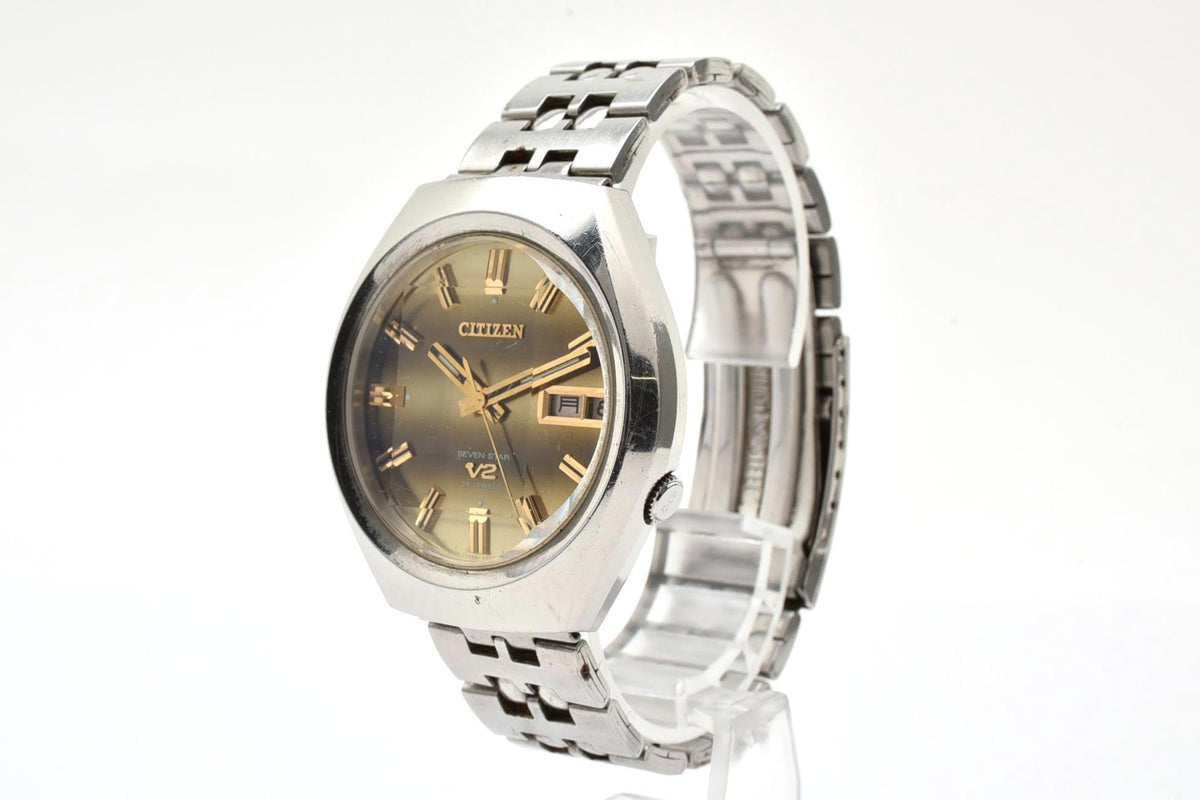 良品 CITIZEN シチズン セブンスターV2 SEVEN STAR 4-771249 自動巻き デイデイト ゴールド文字盤 トノー ステンレス ヴィンテージ 1970年代 メンズ 腕時計 稼働品