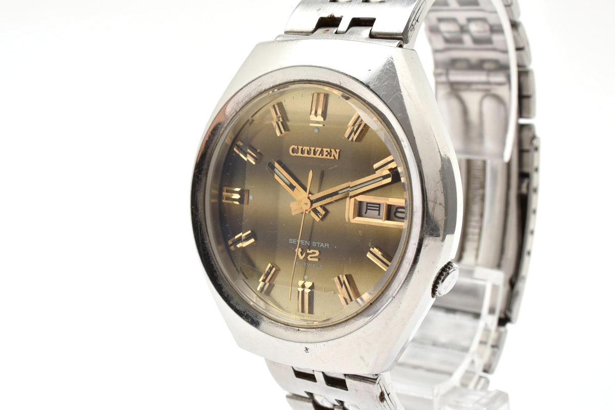 良品 CITIZEN シチズン セブンスターV2 SEVEN STAR 4-771249 自動巻き デイデイト ゴールド文字盤 トノー ステンレス ヴィンテージ 1970年代 メンズ 腕時計 稼働品
