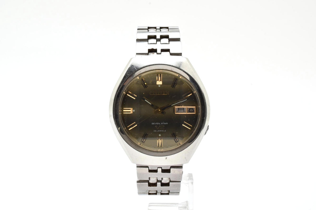 良品 CITIZEN シチズン セブンスターV2 SEVEN STAR 4-771249 自動巻き デイデイト ゴールド文字盤 トノー ステンレス ヴィンテージ 1970年代 メンズ 腕時計 稼働品